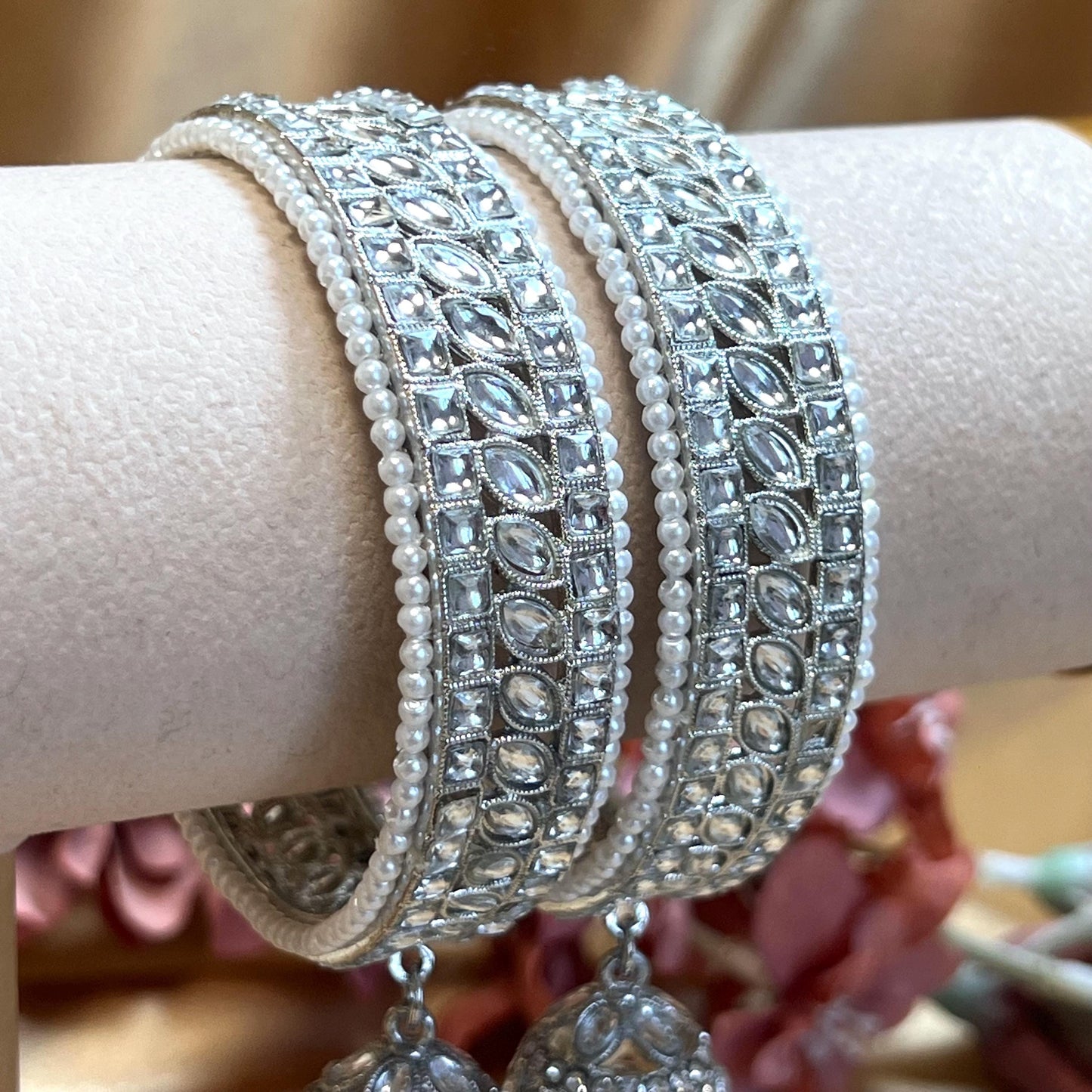 Chunky Jhumka Bangles (Pair)/Indian/ Pakistani/Jewelley/ Fashion Bracelet/ Clear Gold or Silver in 2.6 only
