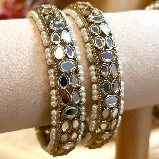 Mirror Bangles/ Clear- Antique Gold and Mirror Detail Bangles (Pair)/Indian/ Pakistani/Jewelley/ Fashion Bracelet/2.6 only/ Handmade