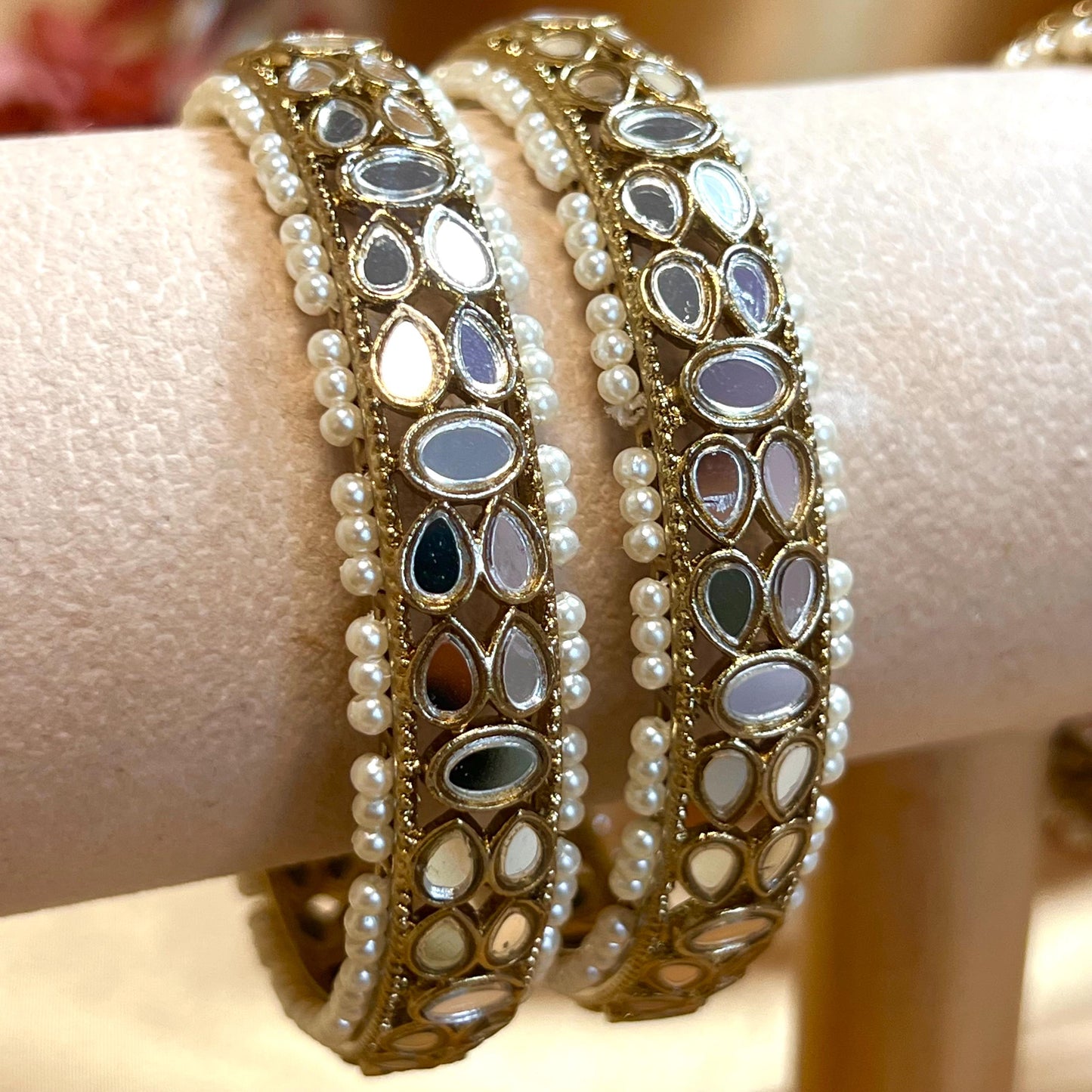 Mirror Bangles/ Clear- Antique Gold and Mirror Detail Bangles (Pair)/Indian/ Pakistani/Jewelley/ Fashion Bracelet/2.6 only/ Handmade