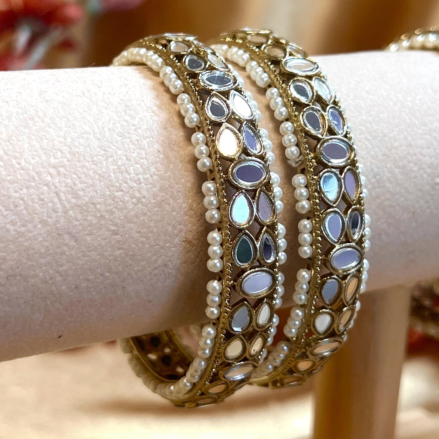 Mirror Bangles/ Clear- Antique Gold and Mirror Detail Bangles (Pair)/Indian/ Pakistani/Jewelley/ Fashion Bracelet/2.6 only/ Handmade