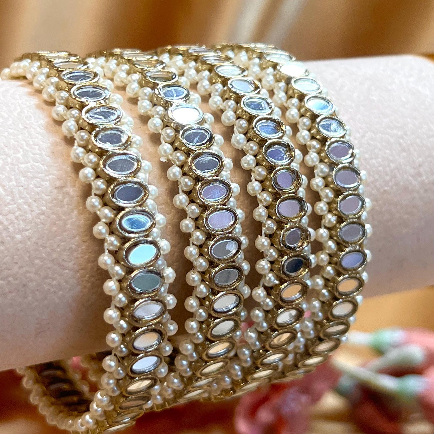 Mirror Bangles/ Clear- Antique Gold and Mirror Detail Bangles (Set of 4)/Indian/ Pakistani/Jewelley/ Fashion Bracelet/2.6 only/ Handmade