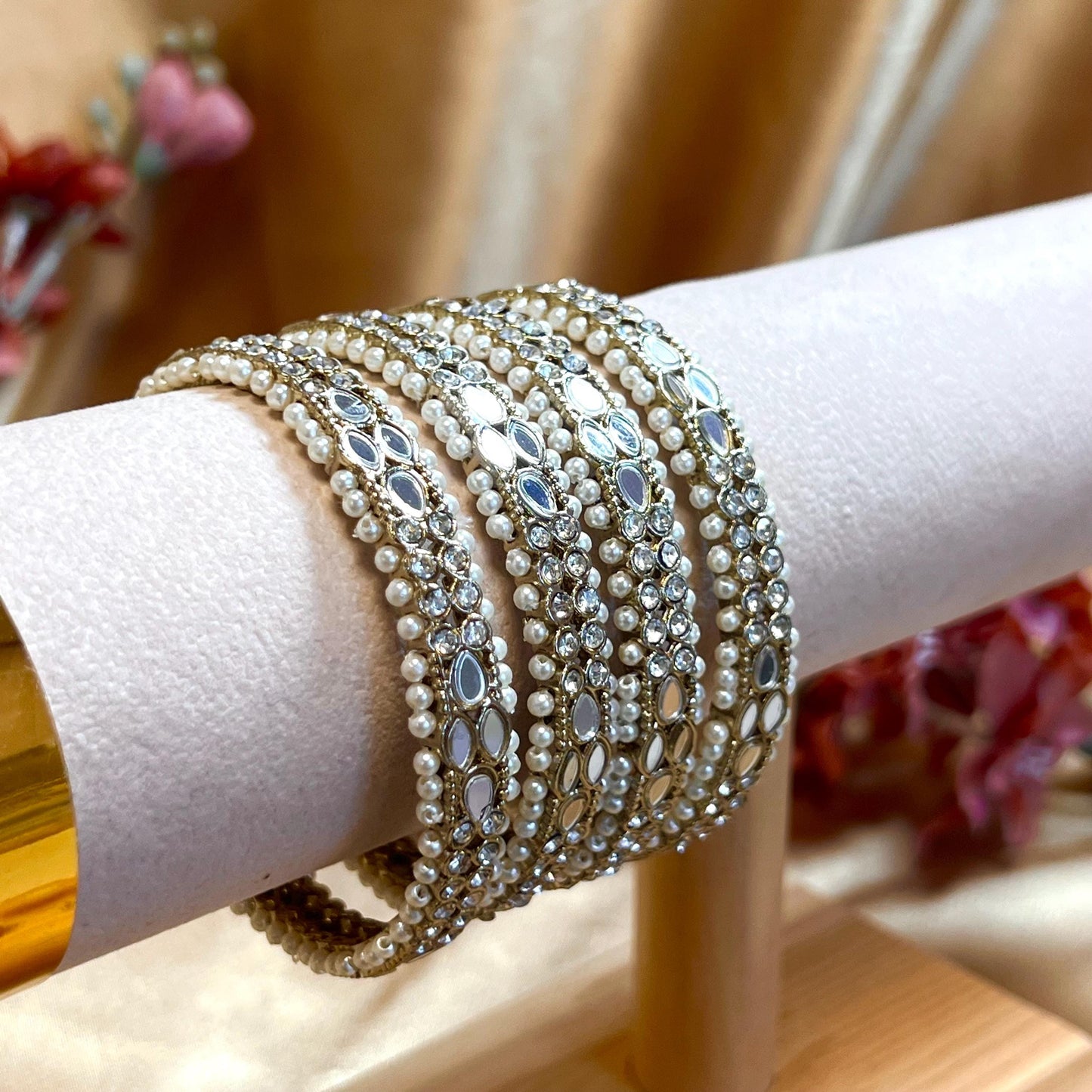 Mirror Bangles/ Clear- Antique Gold and Mirror Detail Bangles (Set of 4)/Indian/ Pakistani/Jewelley/ Fashion Bracelet/2.6 only/ Handmade