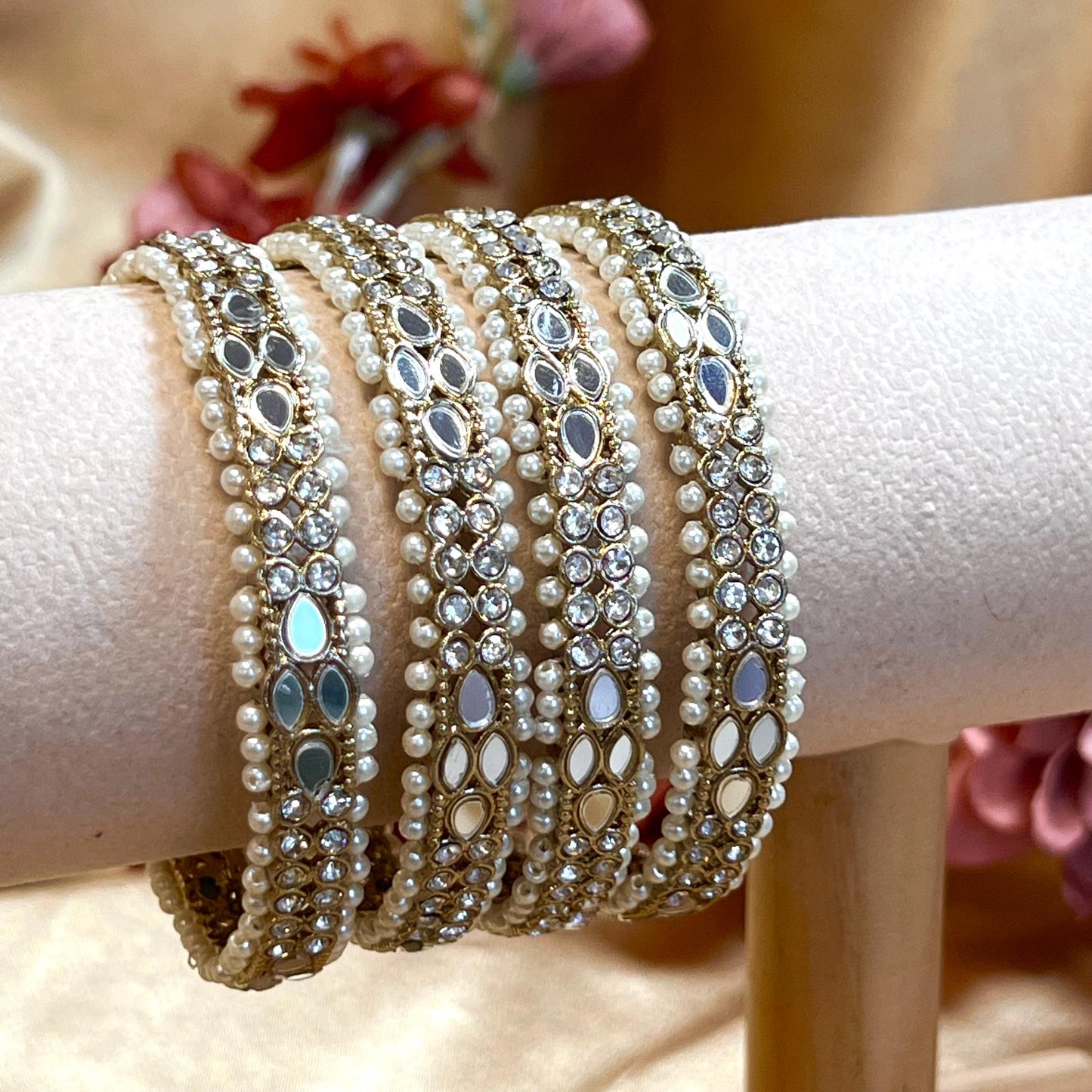 Mirror Bangles/ Clear- Antique Gold and Mirror Detail Bangles (Set of 4)/Indian/ Pakistani/Jewelley/ Fashion Bracelet/2.6 only/ Handmade