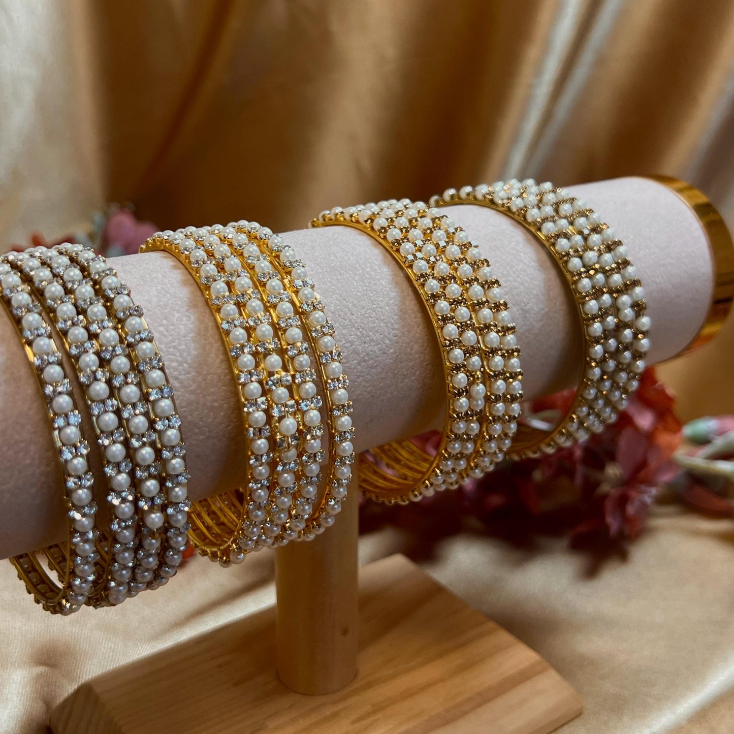Set of 4 Pearl Bangles - Clear (Light Gold)/ Golden/Bronze/ Indian/ Pakistani/Jewelley/ Fashion Bracelet/2.8 only / Choose Colour