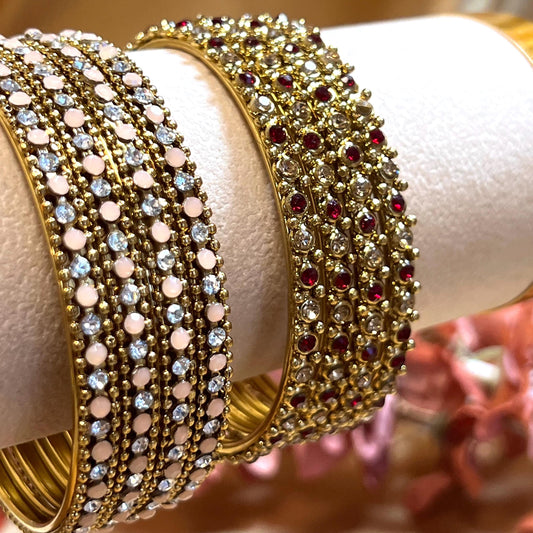 Set of 4 Rhinestone Bangles - Antique Gold Base/ Peach or Maroon Indian/ Pakistani/Jewelley/ Fashion Bracelet/2.6 only / Choose Colour