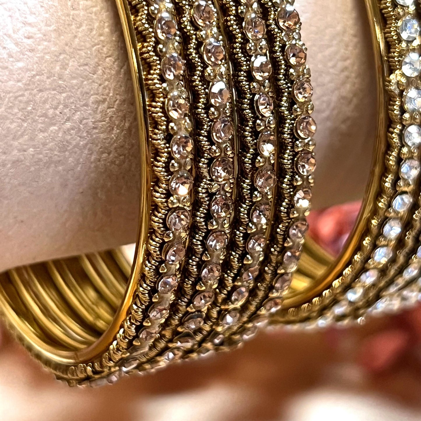 Set of 4 Rhinestone Bangles - Antique Gold Base/ Golden or Clear Indian/ Pakistani/Jewelley/ Fashion Bracelet/2.8 only / Choose Colour