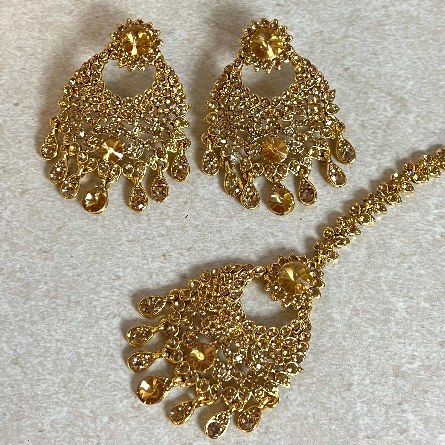 Long Golden Rhinestone Necklace Set with Earring Tikka /Long Mala/ Haar/ Unique Style/ Indian/ Pakistani/Fashion Jewellery/ Gift for Women