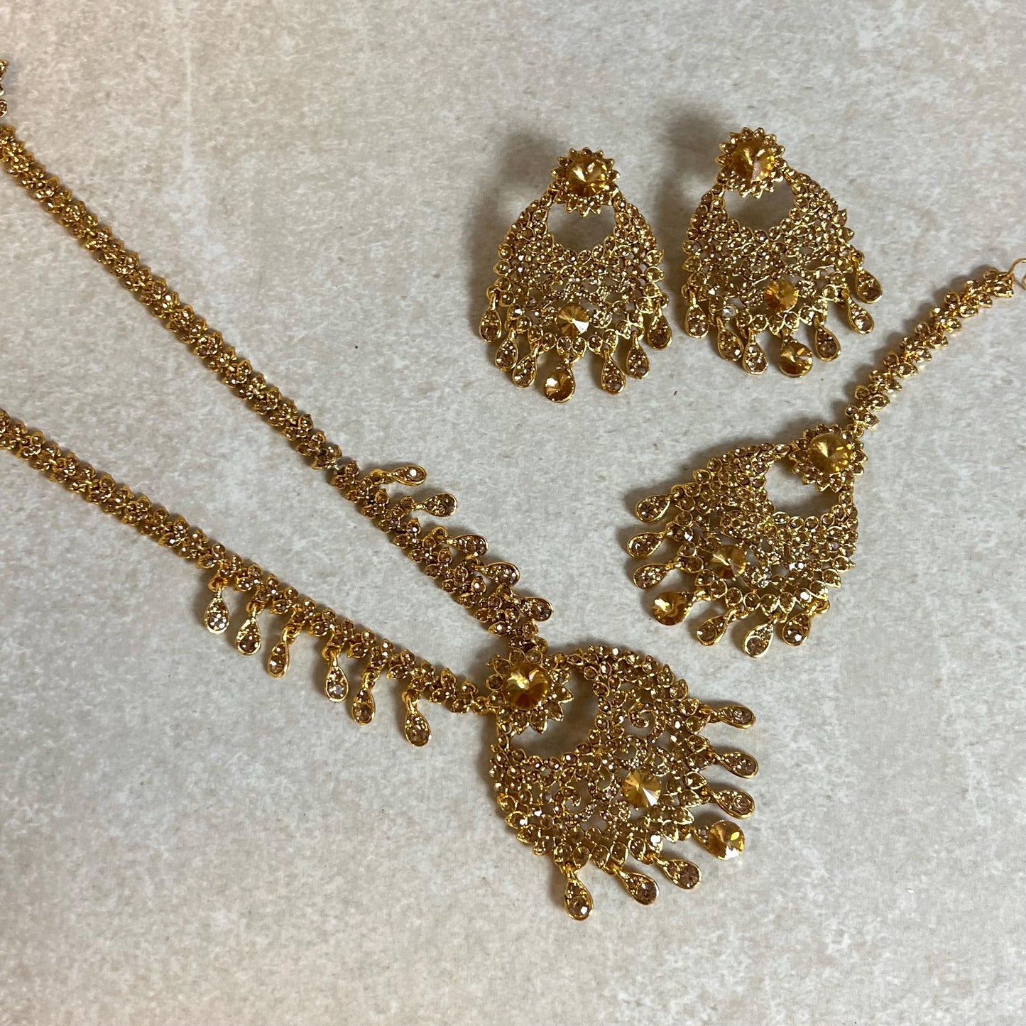 Long Golden Rhinestone Necklace Set with Earring Tikka /Long Mala/ Haar/ Unique Style/ Indian/ Pakistani/Fashion Jewellery/ Gift for Women