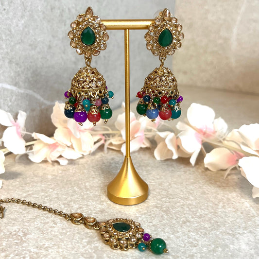 Green- Multicolour Jhumka Earrings and Tikka Set/ Henna party/Pakistani/ Indian Style Earring/ Antique Gold with Champagne Crystals