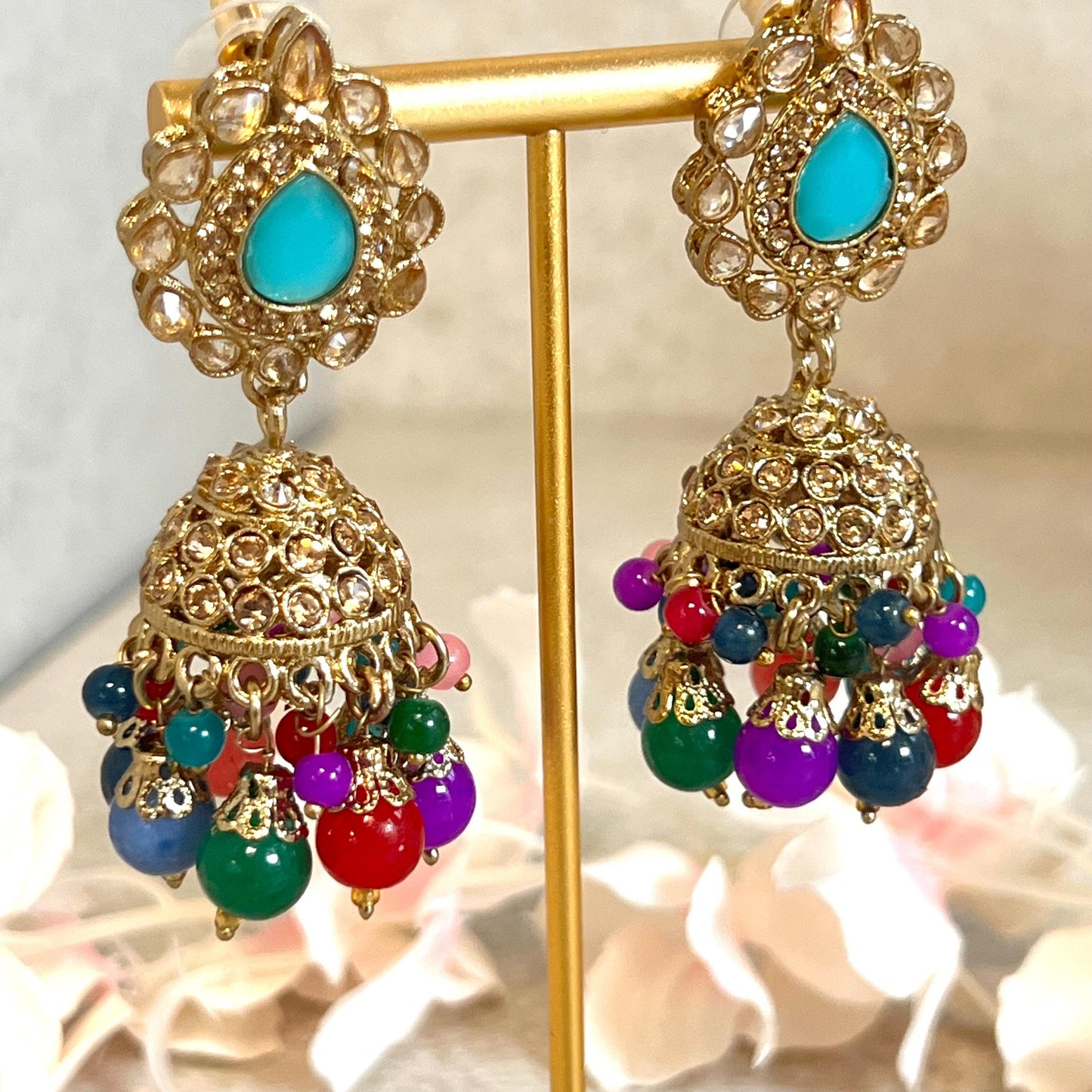 Blue- Multicolour Jhumka Earrings and Tikka Set/ Henna party/Pakistani/ Indian Style Earring/ Antique Gold with Champagne Crystals