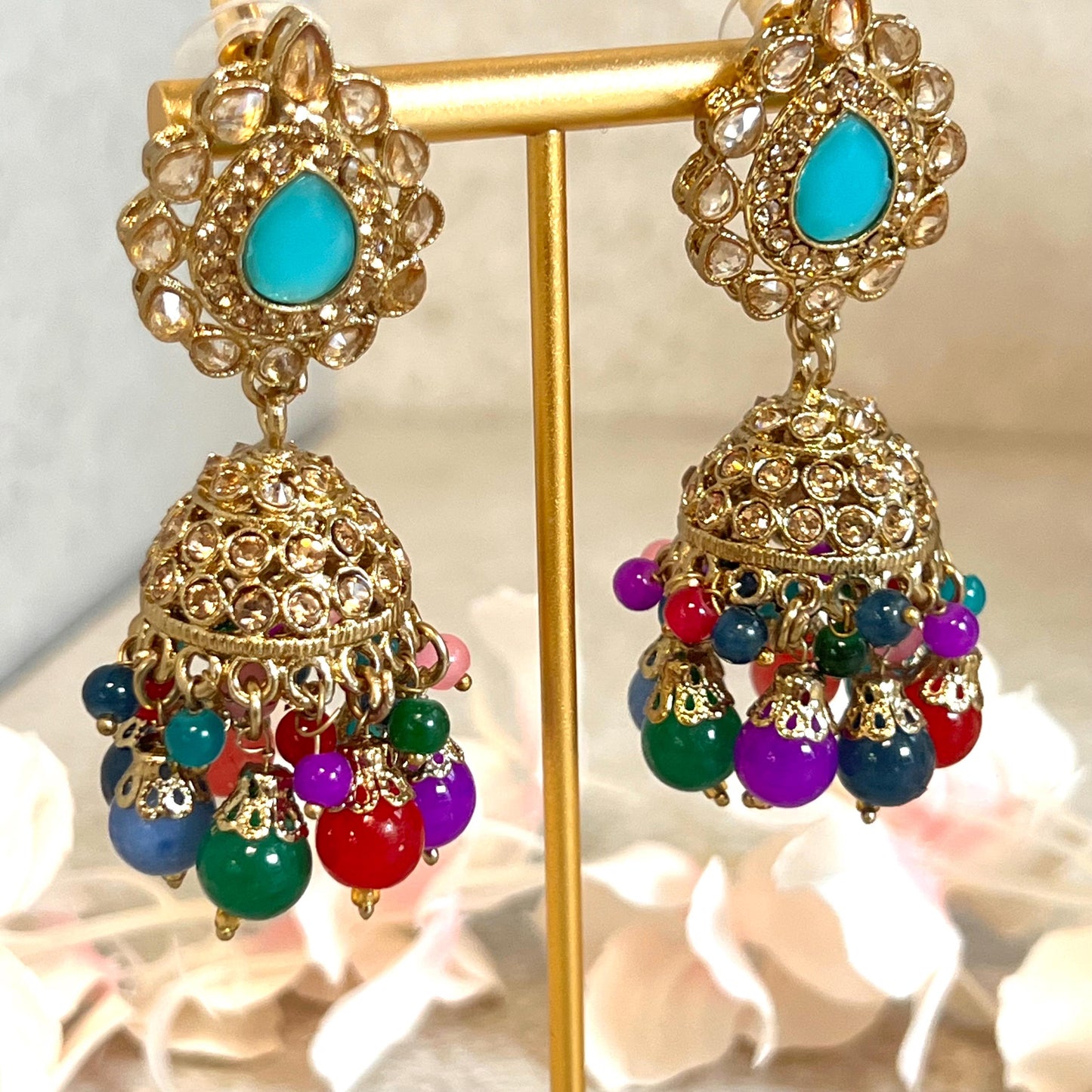 Blue- Multicolour Jhumka Earrings and Tikka Set/ Henna party/Pakistani/ Indian Style Earring/ Antique Gold with Champagne Crystals