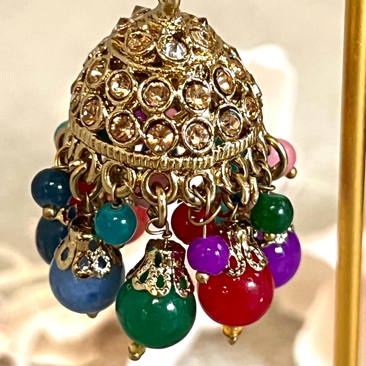 Blue- Multicolour Jhumka Earrings and Tikka Set/ Henna party/Pakistani/ Indian Style Earring/ Antique Gold with Champagne Crystals