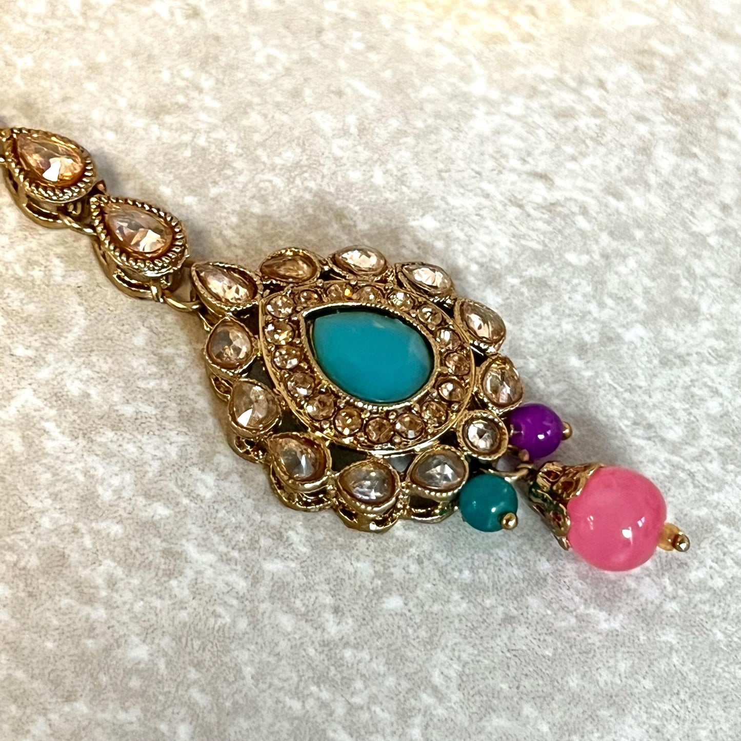 Blue- Multicolour Jhumka Earrings and Tikka Set/ Henna party/Pakistani/ Indian Style Earring/ Antique Gold with Champagne Crystals