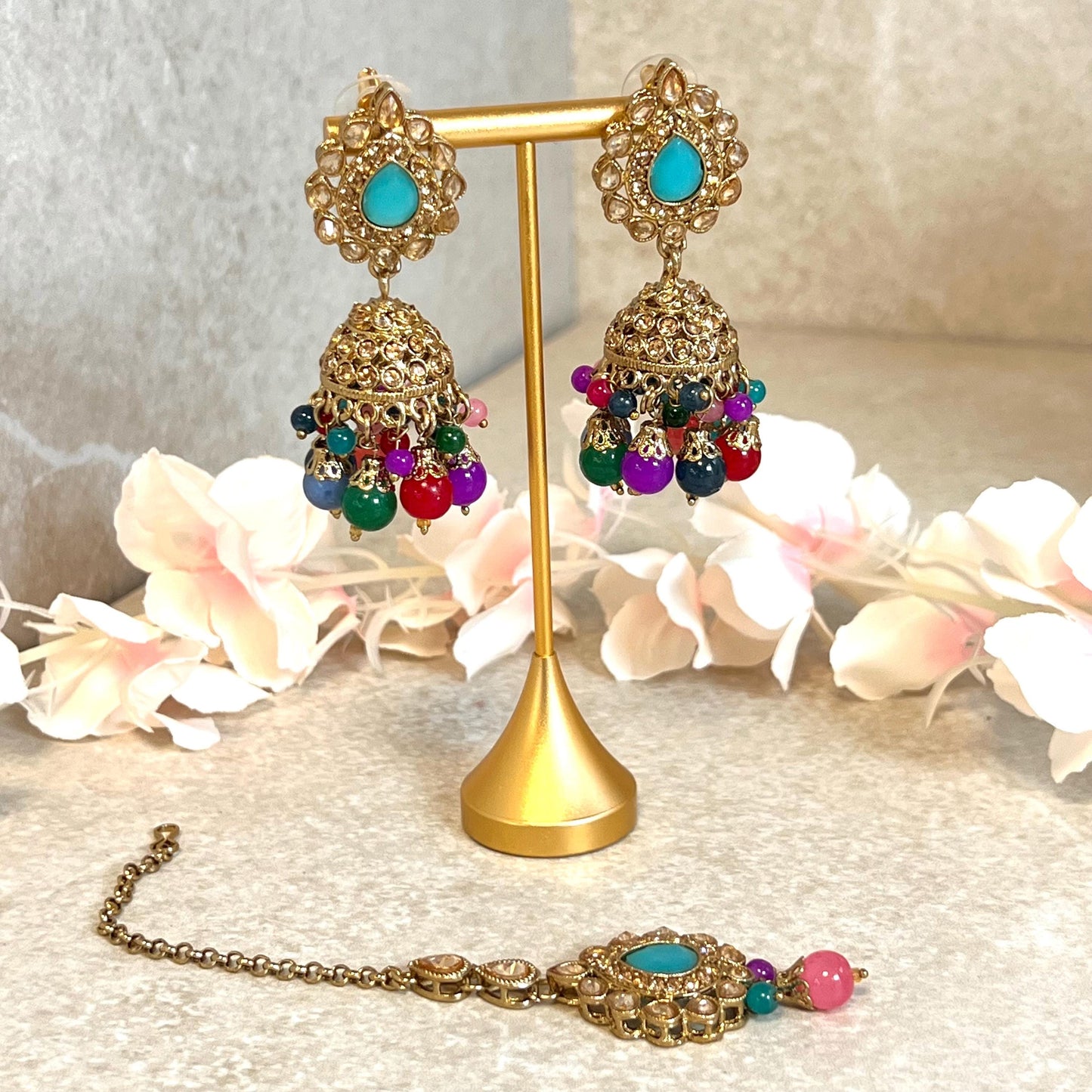 Blue- Multicolour Jhumka Earrings and Tikka Set/ Henna party/Pakistani/ Indian Style Earring/ Antique Gold with Champagne Crystals
