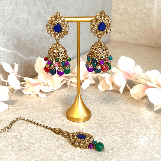 Navy - Multicolour Jhumka Earrings and Tikka Set/ Henna party/Pakistani/ Indian Style Earring/ Antique Gold with Champagne Crystals