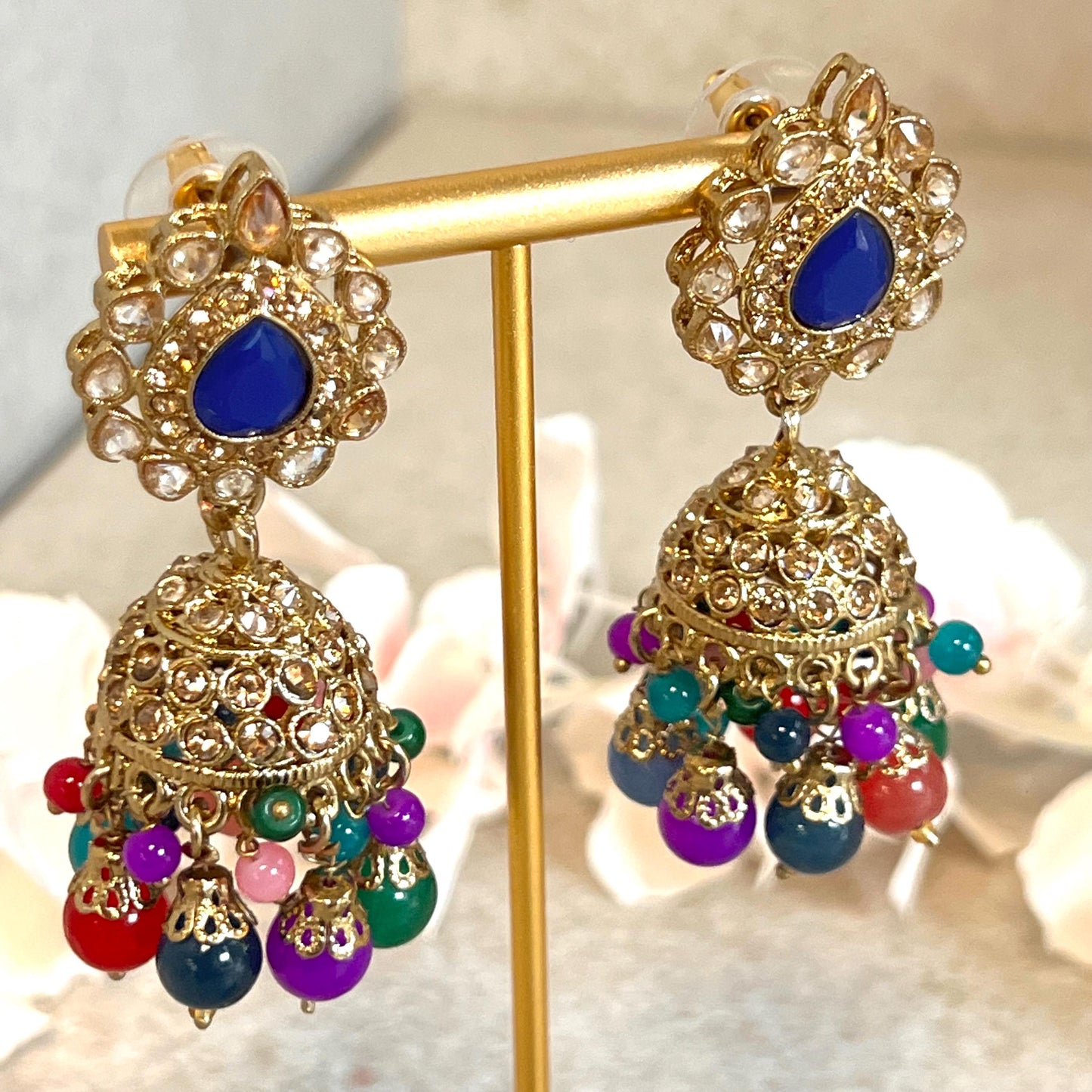 Navy - Multicolour Jhumka Earrings and Tikka Set/ Henna party/Pakistani/ Indian Style Earring/ Antique Gold with Champagne Crystals