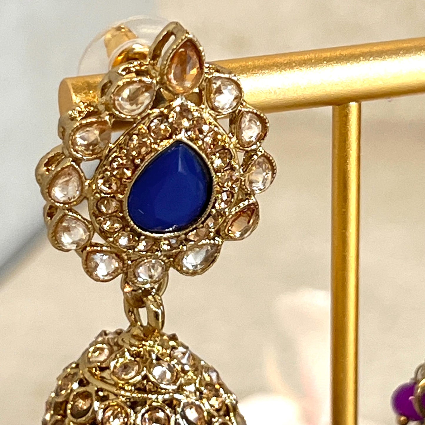 Navy - Multicolour Jhumka Earrings and Tikka Set/ Henna party/Pakistani/ Indian Style Earring/ Antique Gold with Champagne Crystals