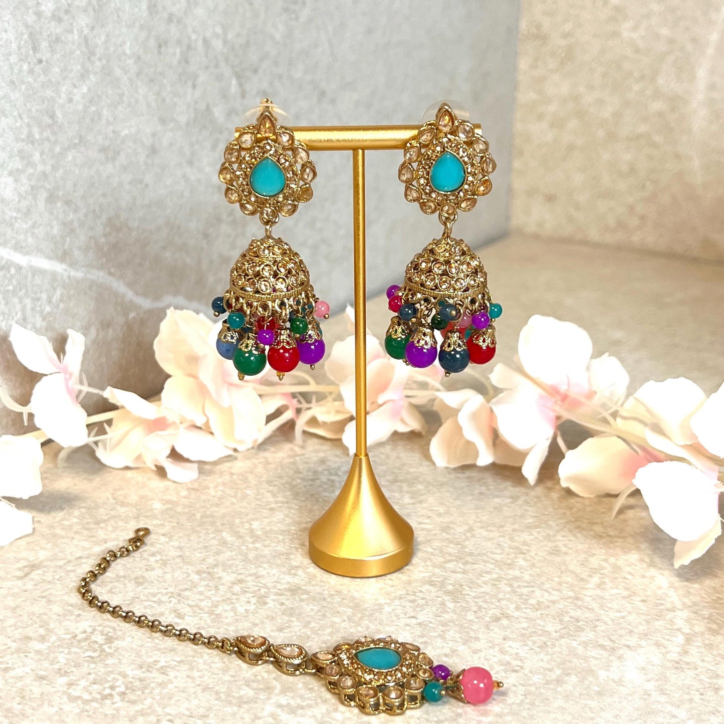 Blue- Multicolour Jhumka Earrings and Tikka Set/ Henna party/Pakistani/ Indian Style Earring/ Antique Gold with Champagne Crystals