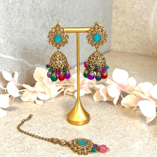 Blue- Multicolour Jhumka Earrings and Tikka Set/ Henna party/Pakistani/ Indian Style Earring/ Antique Gold with Champagne Crystals