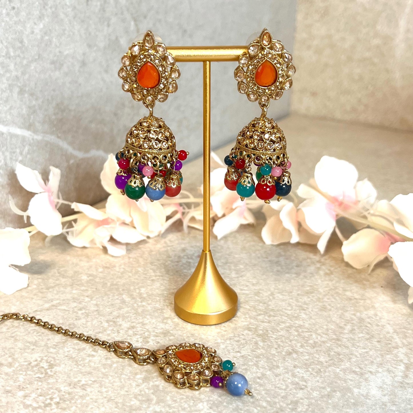 Orange- Multicolour Jhumka Earrings and Tikka Set/ Henna party/Pakistani/ Indian Style Earring/ Antique Gold with Champagne Crystals