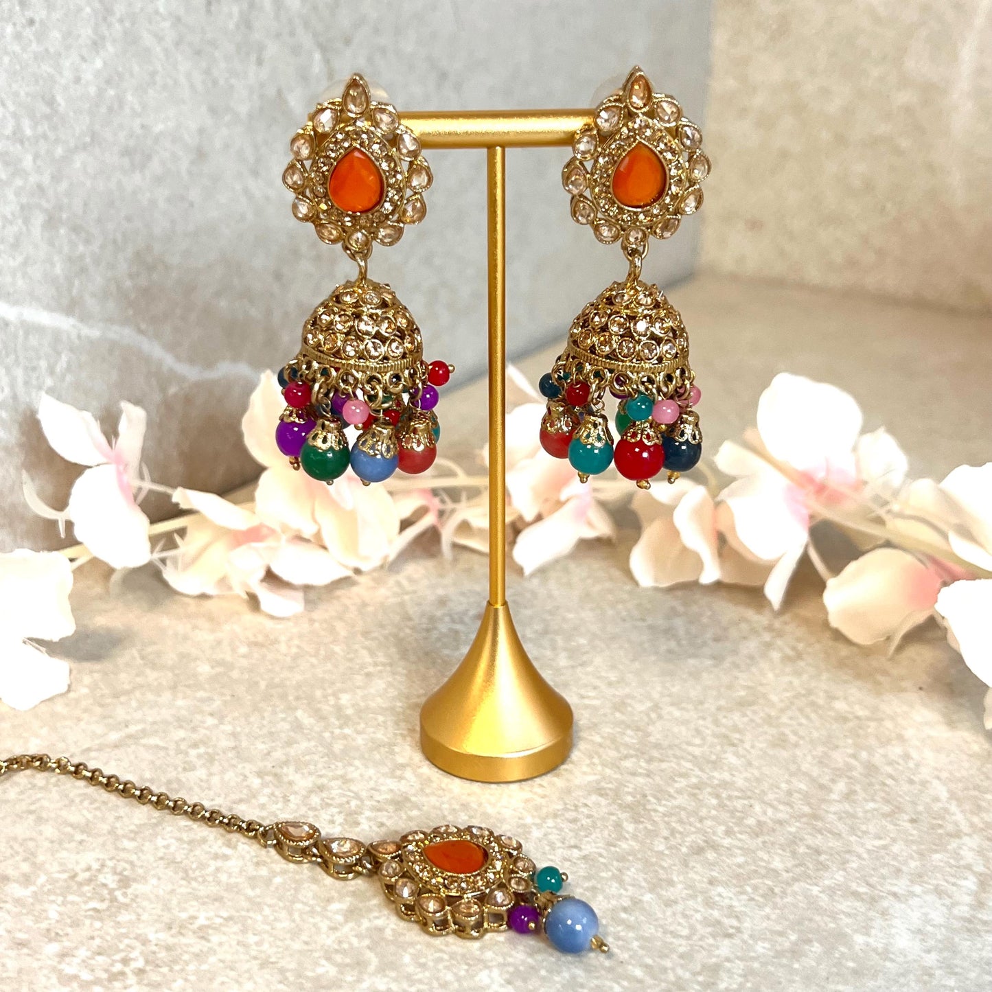Orange- Multicolour Jhumka Earrings and Tikka Set/ Henna party/Pakistani/ Indian Style Earring/ Antique Gold with Champagne Crystals