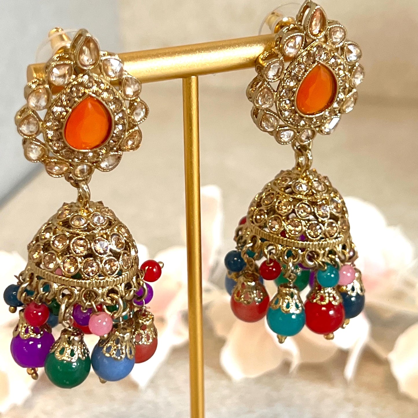 Orange- Multicolour Jhumka Earrings and Tikka Set/ Henna party/Pakistani/ Indian Style Earring/ Antique Gold with Champagne Crystals