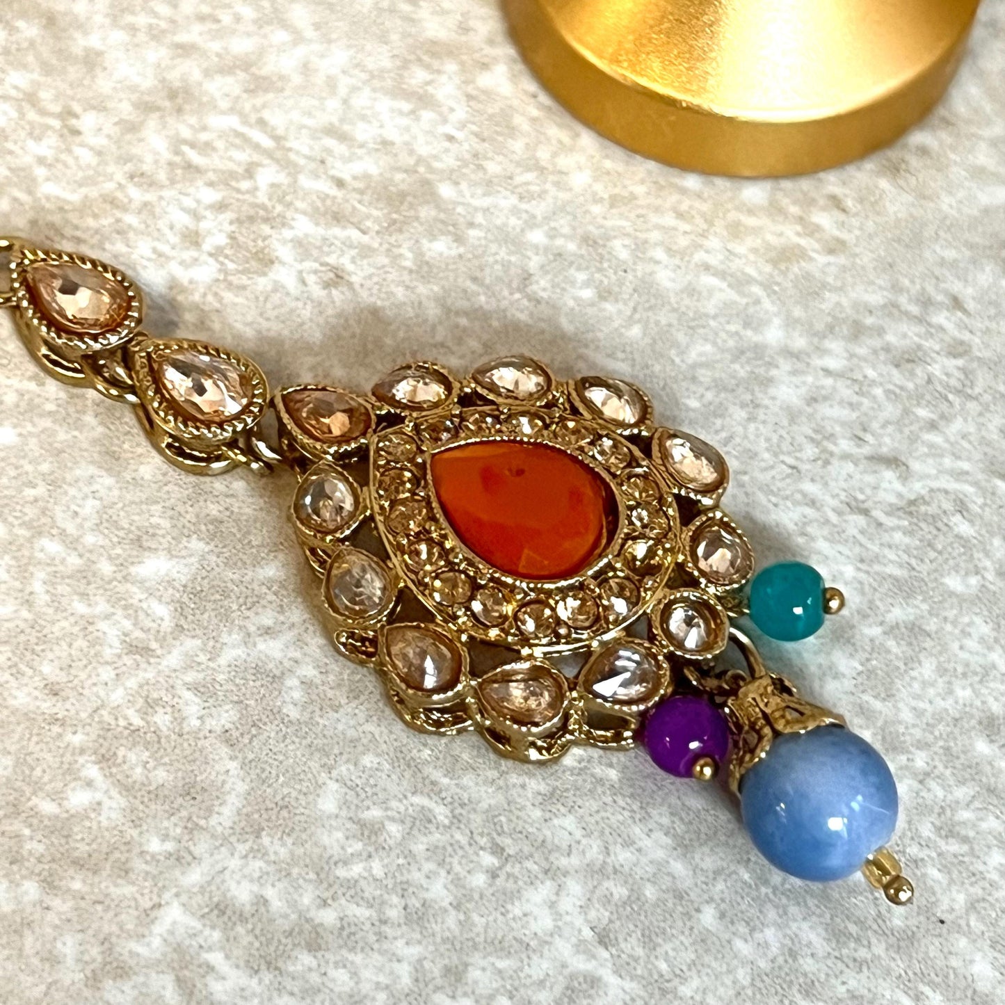 Orange- Multicolour Jhumka Earrings and Tikka Set/ Henna party/Pakistani/ Indian Style Earring/ Antique Gold with Champagne Crystals