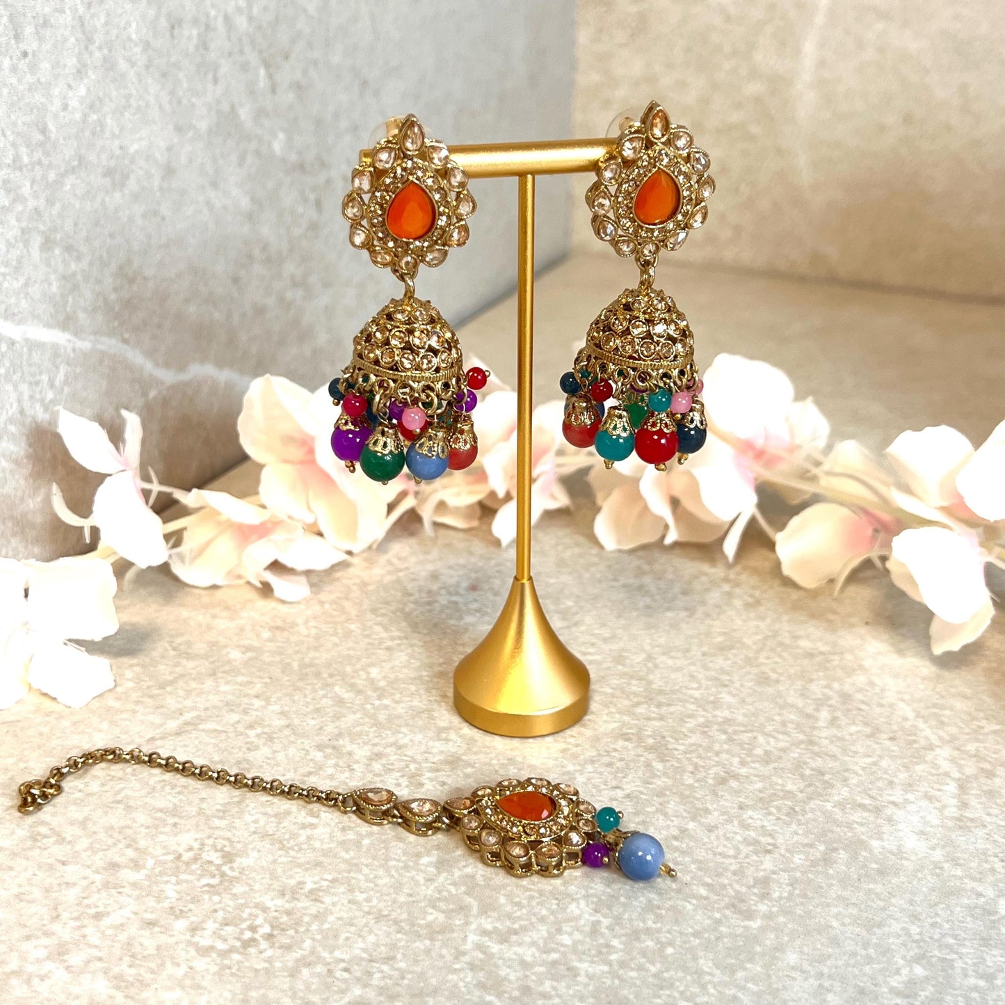 Orange- Multicolour Jhumka Earrings and Tikka Set/ Henna party/Pakistani/ Indian Style Earring/ Antique Gold with Champagne Crystals