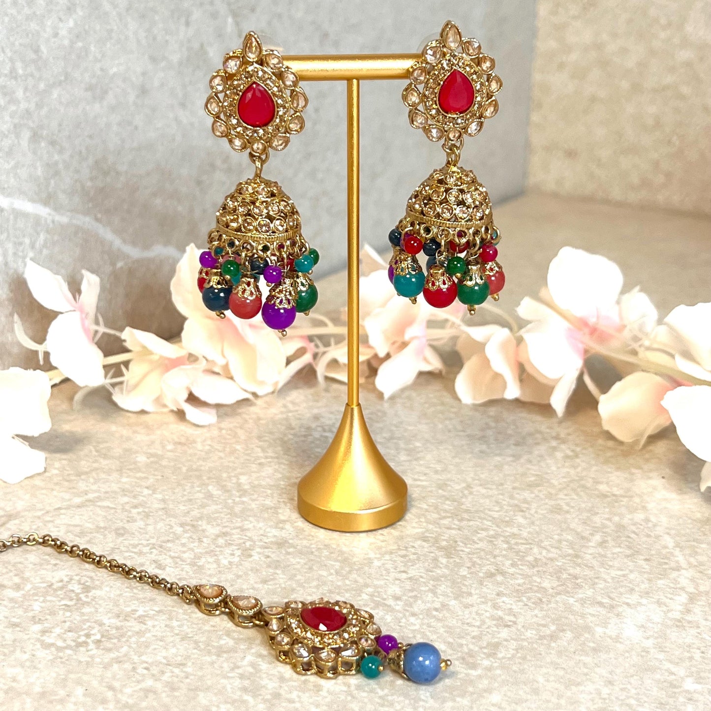 Red - Multicolour Jhumka Earrings and Tikka Set/ Henna party/Pakistani/ Indian Style Earring/ Antique Gold with Champagne Crystals