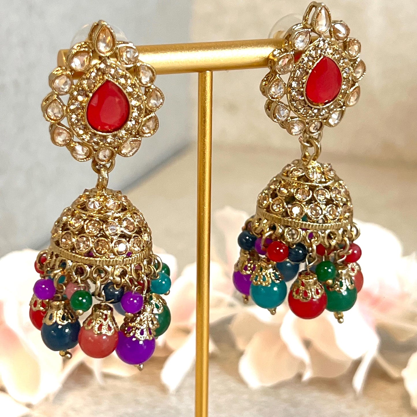 Red - Multicolour Jhumka Earrings and Tikka Set/ Henna party/Pakistani/ Indian Style Earring/ Antique Gold with Champagne Crystals