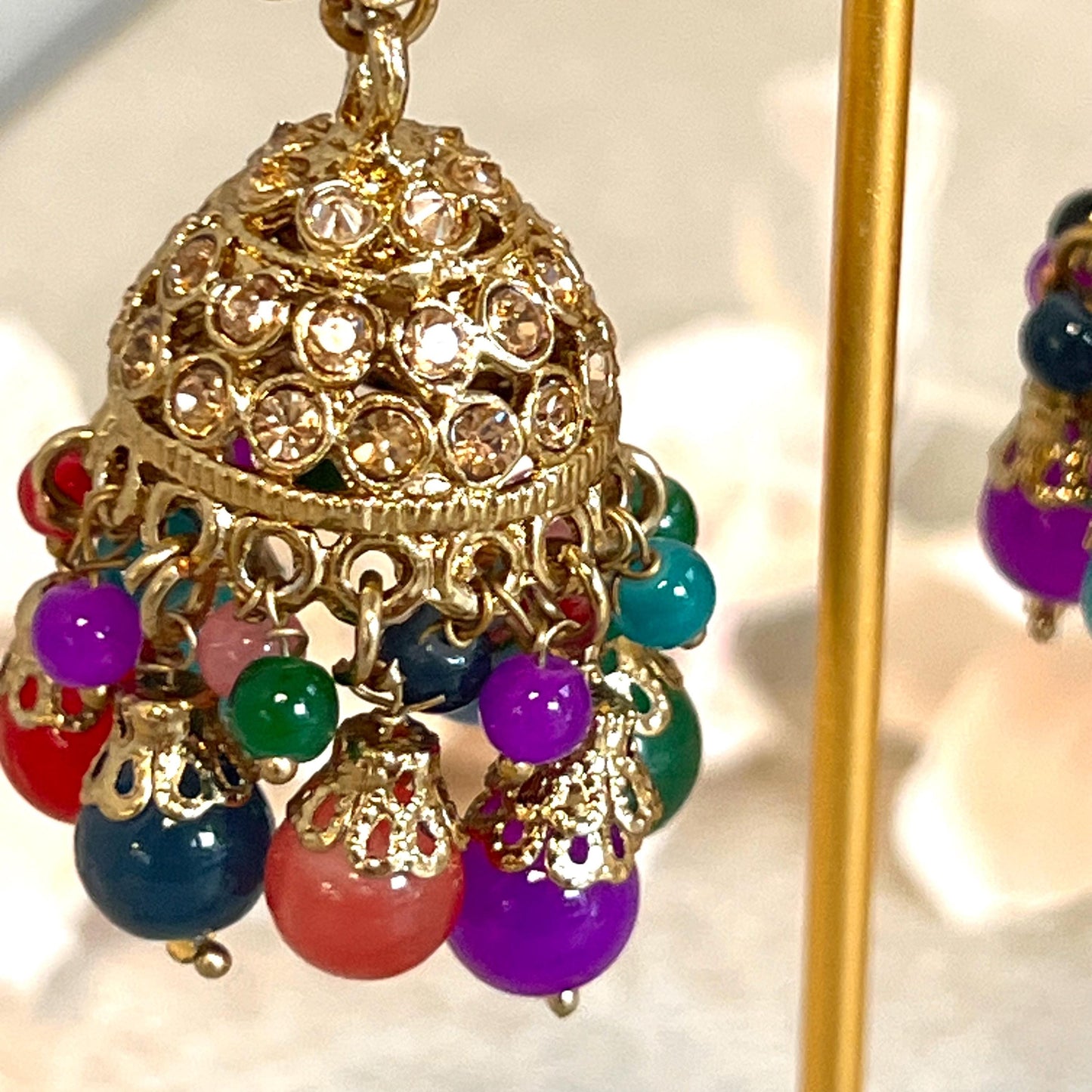 Red - Multicolour Jhumka Earrings and Tikka Set/ Henna party/Pakistani/ Indian Style Earring/ Antique Gold with Champagne Crystals