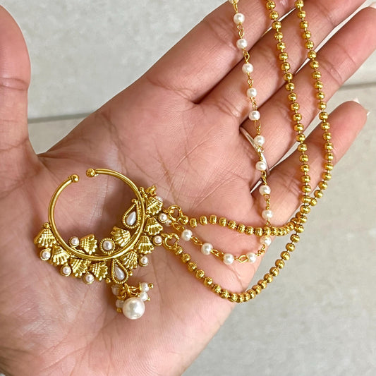 Bright Gold Non-Piercing Nose Ring - with chain/ Fashion Jewellery/ Gift/ Indian/Pakistani style/Nath /Indian Nose Jewellery/ 1 Inch Small