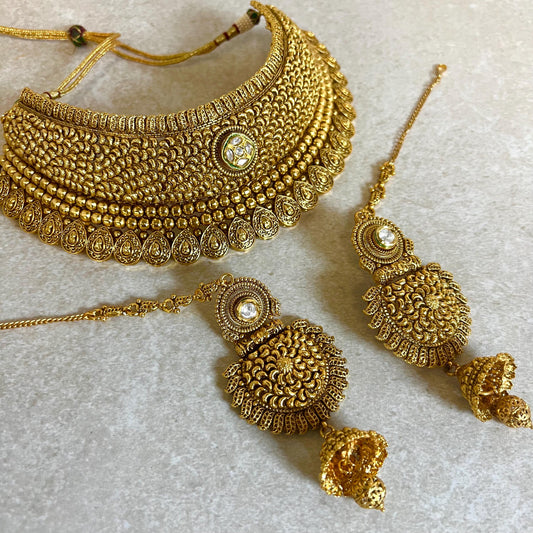 Antique Gold Temple Gold Chunky Choker Set with Earring/ Indian/ Pakistani/Fashion Jewellery/ Gift for Women
