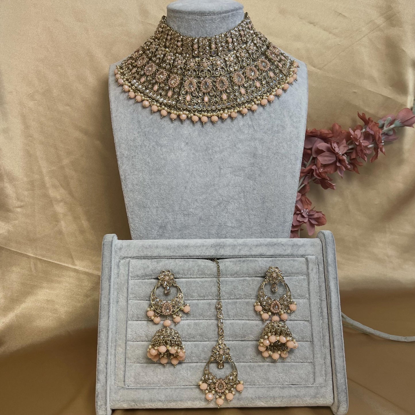 Peach & Champagne Bridal Set/ Pakistani Style With Choker, Necklace, Earring/Mala/ Long Necklace/ Haar/ Jhumar/ Jhoomar/Wedding