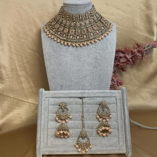 Peach & Champagne Bridal Set/ Pakistani Style With Choker, Necklace, Earring/Mala/ Long Necklace/ Haar/ Jhumar/ Jhoomar/Wedding