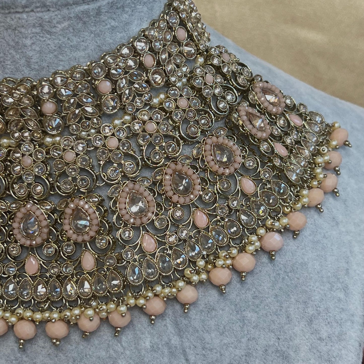 Peach & Champagne Bridal Set/ Pakistani Style With Choker, Necklace, Earring/Mala/ Long Necklace/ Haar/ Jhumar/ Jhoomar/Wedding