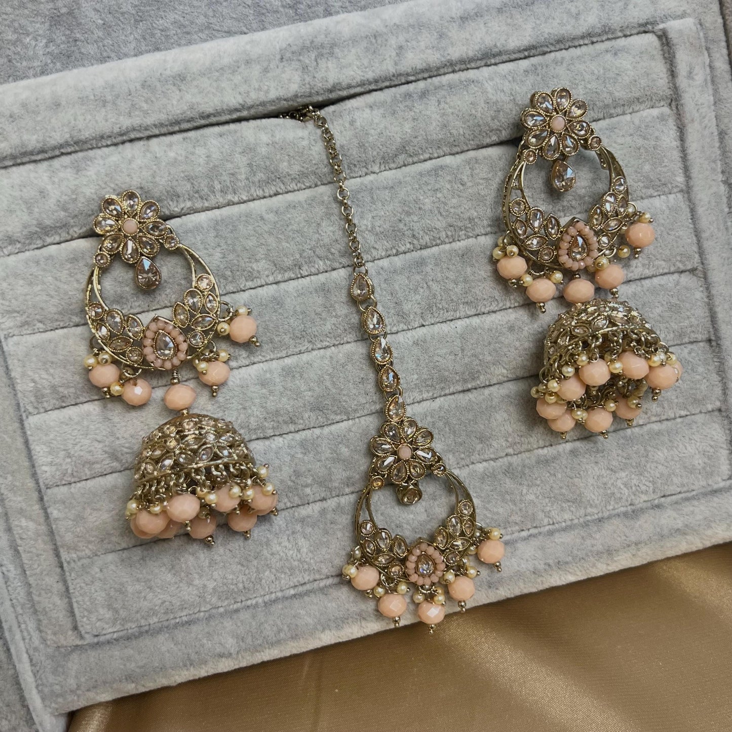 Peach & Champagne Bridal Set/ Pakistani Style With Choker, Necklace, Earring/Mala/ Long Necklace/ Haar/ Jhumar/ Jhoomar/Wedding