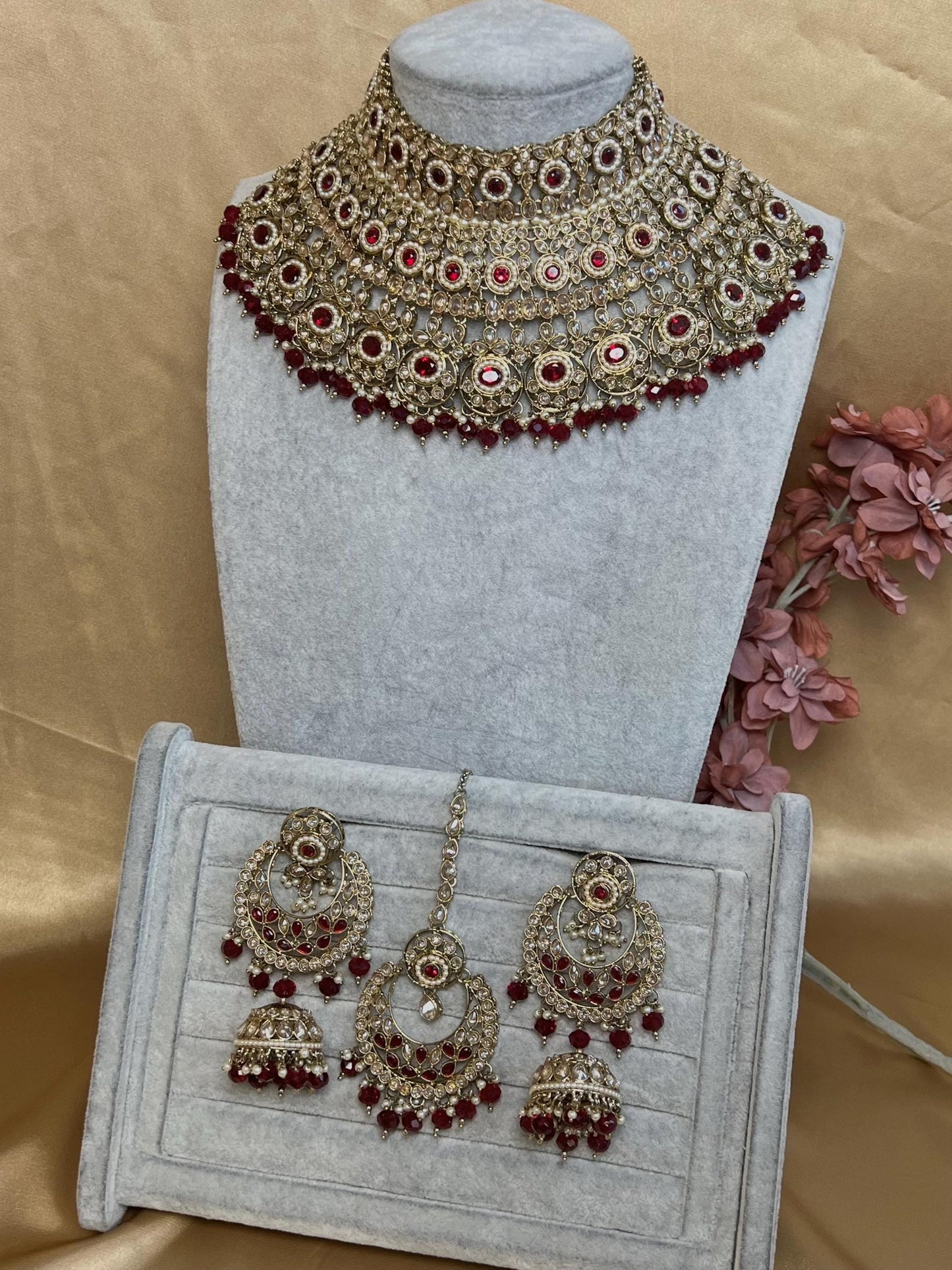 Maroon & Champagne  Bridal Choker Necklace set with Jhumka Earring and Tikka/ Indian/ Pakistani Style/ Wedding/ Antique Gold
