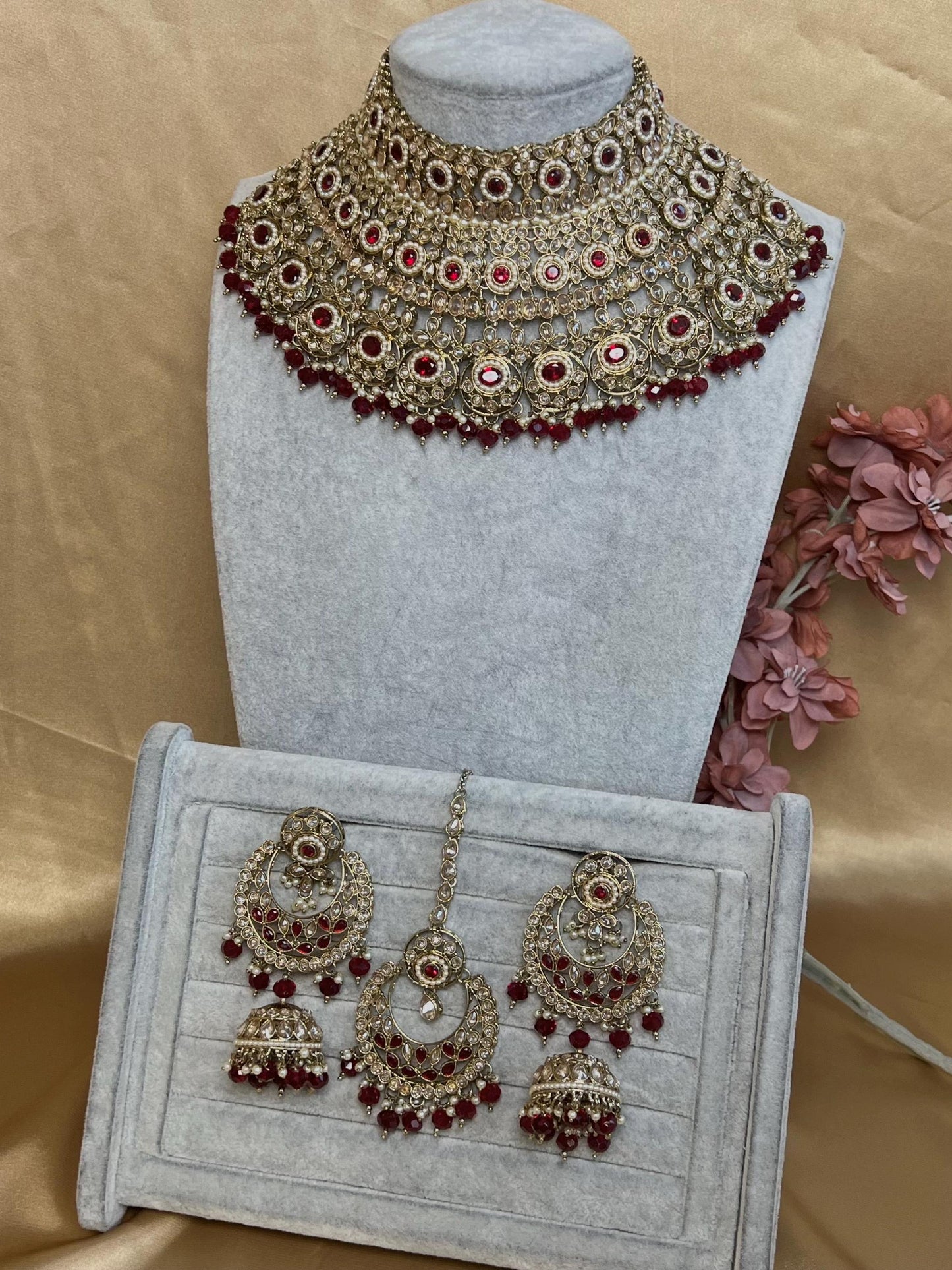 Maroon & Champagne  Bridal Choker Necklace set with Jhumka Earring and Tikka/ Indian/ Pakistani Style/ Wedding/ Antique Gold