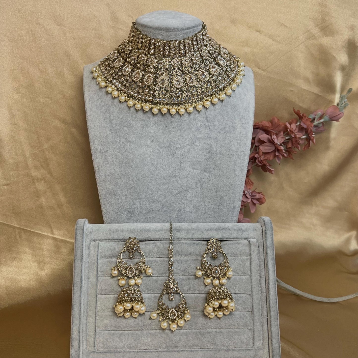 Champagne & Antique Gold Full Bridal set Indian/ Pakistani Style/ Wedding/ Fashion Jewellery/ Necklace set