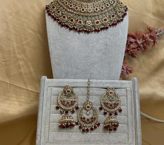 Maroon & Champagne  Bridal Choker Necklace set with Jhumka Earring and Tikka/ Indian/ Pakistani Style/ Wedding/ Antique Gold