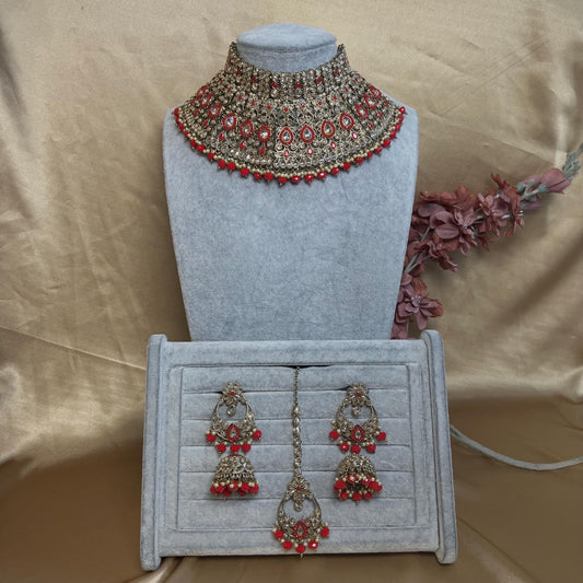 Red & Champagne  Bridal Necklace set with Earring, Tikka/ Indian/ Pakistani Style/ Wedding/ Antique Gold/ Champagne Crystals