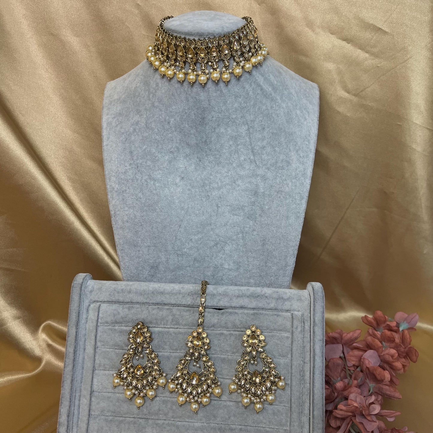 Mirror Necklace Set - Gold Ball Earring/ Tikka/ Tikli/ Indian/ Pakistani/Fashion Jewellery/ Gift for Women