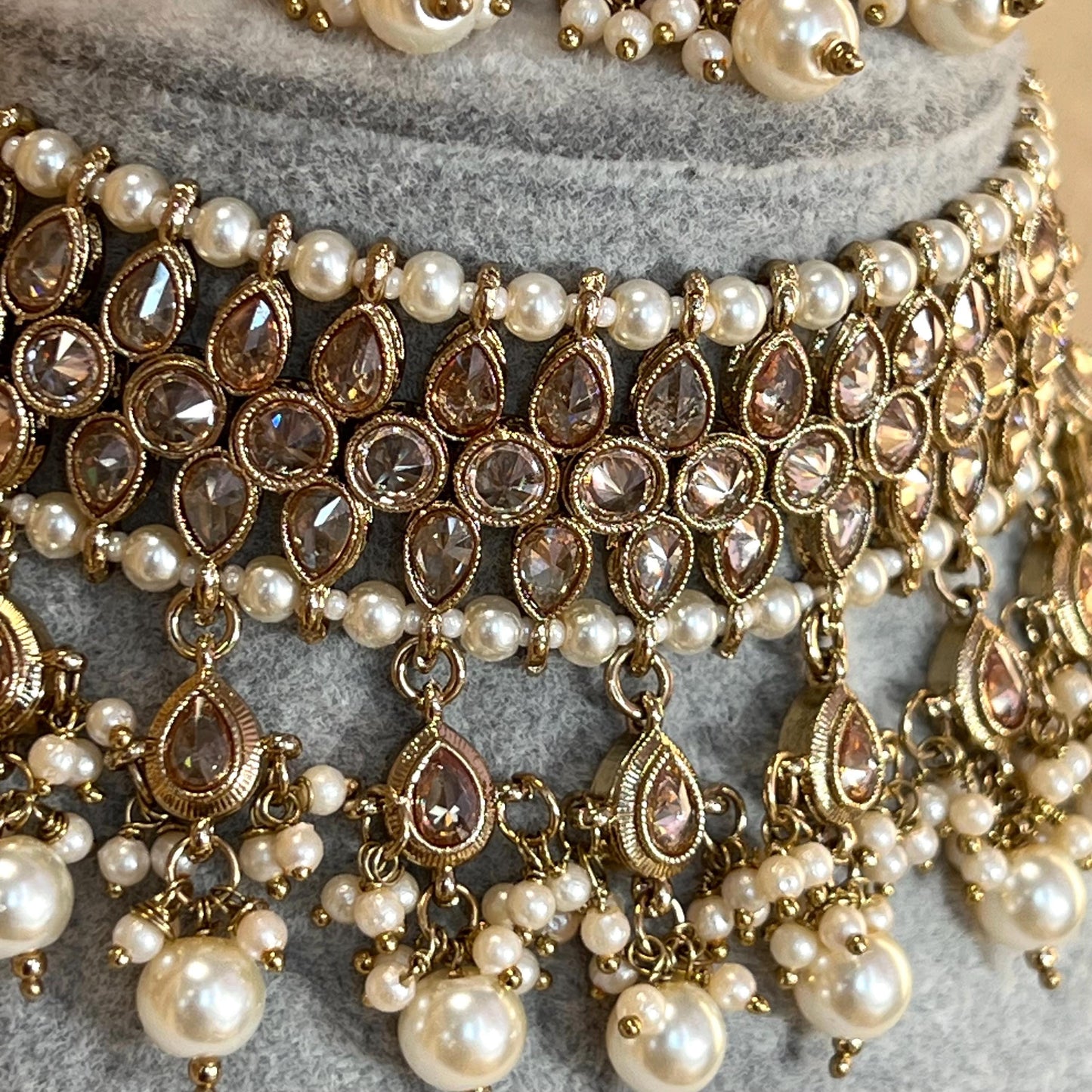 Pearl Antique Gold Crystal Choker Only, Antique gold with Champagne Zircon Crystals- Indian/ Pakistani Style/Bridal set/Wedding/ Gold