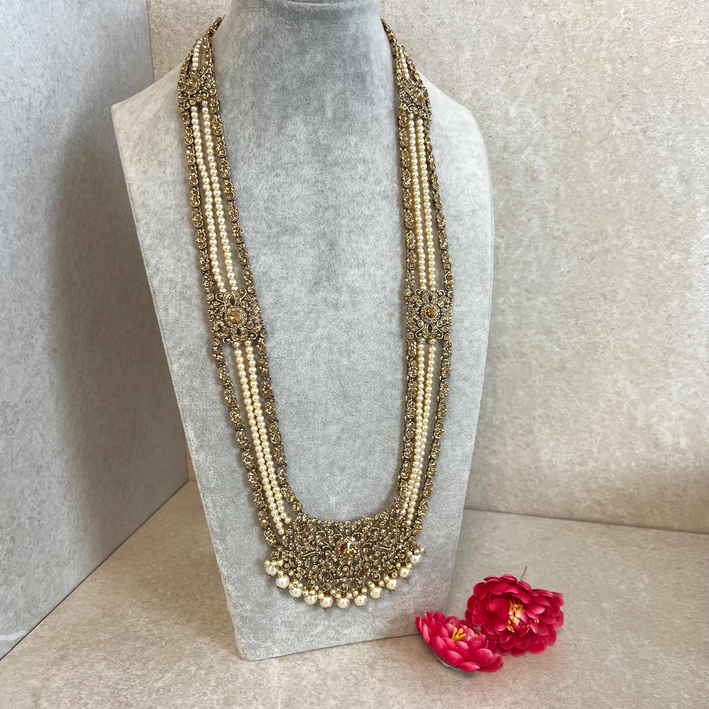 Antique Gold with Golden Rhinestone/ Long Mala/ Haar/ Long Necklace/ Unique Style/ Indian/ Pakistani/Fashion Jewellery/ Gift for Women