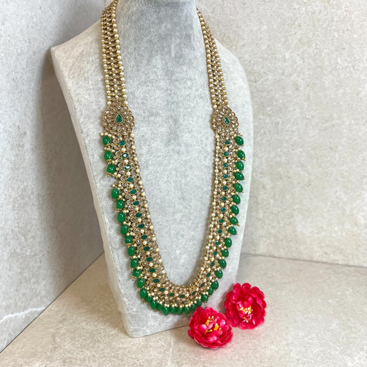 Green Antique Gold with Champagne Zircon Crystal/ Long Mala/ Haar/ Long Necklace/ Unique Style/ Indian/ Pakistani/Fashion Jewellery/ Gift