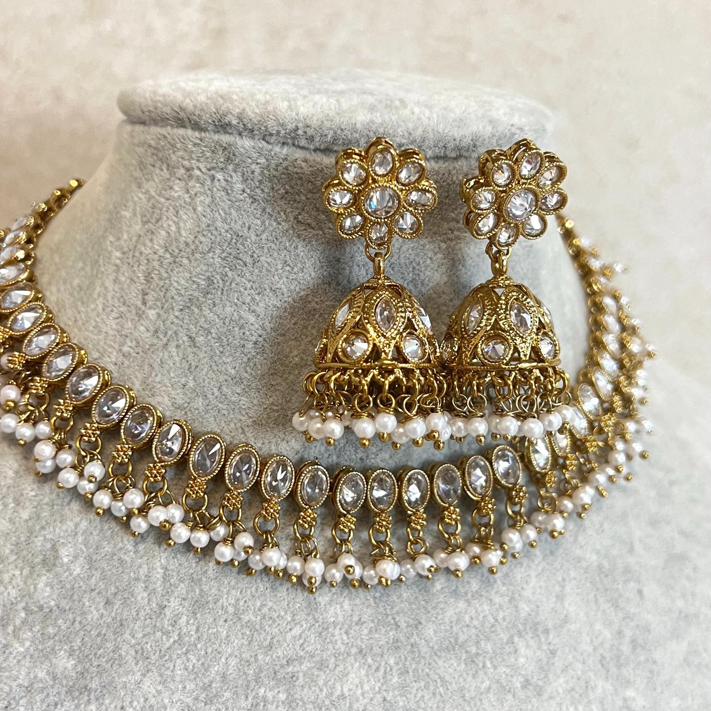 Clear Thin Necklace Set Small Jhumka Earring/No Tikka/ Indian/ Pakistani/Fashion Jewellery/ Gift for Women/ Antique Gold with Clear Crystal