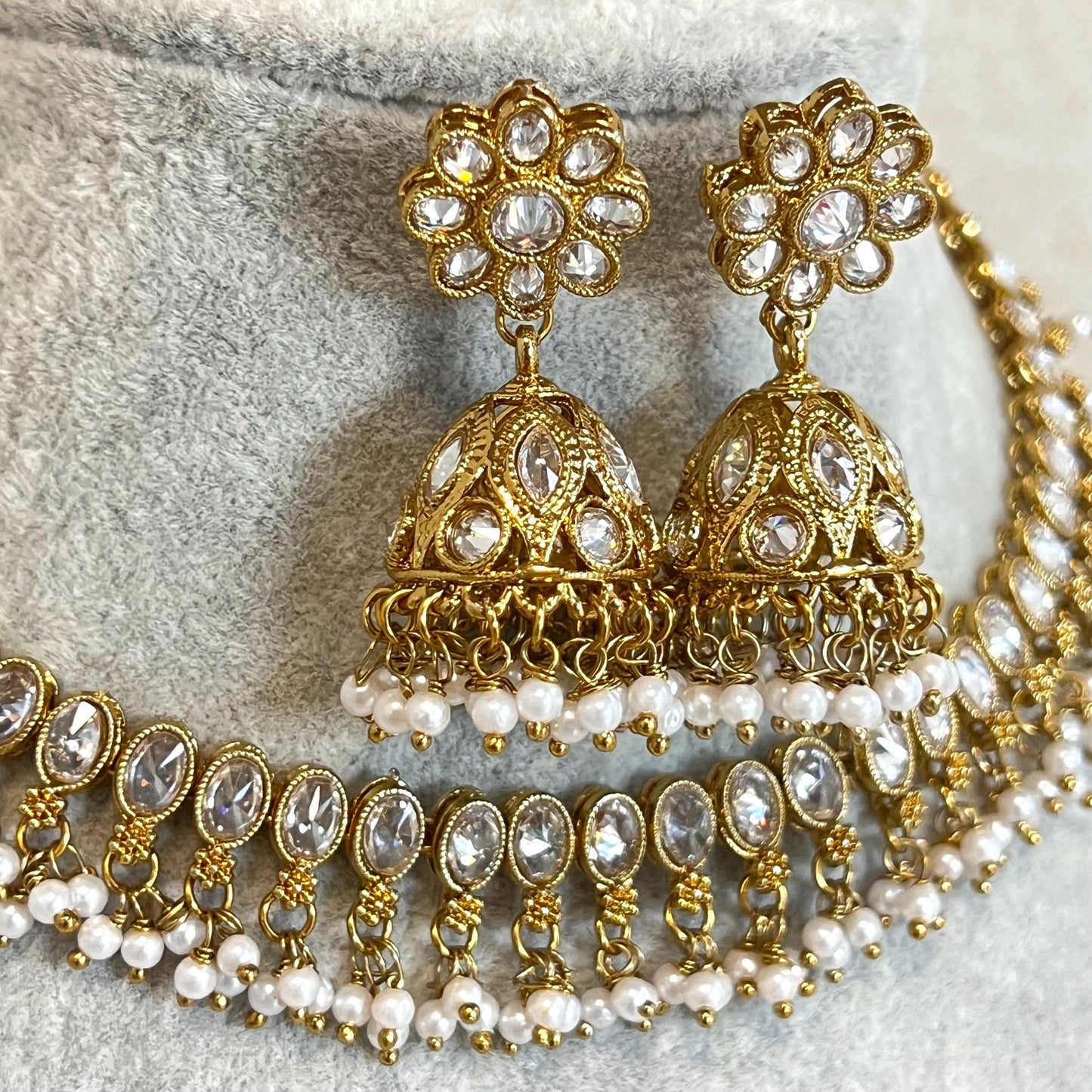 Clear Thin Necklace Set Small Jhumka Earring/No Tikka/ Indian/ Pakistani/Fashion Jewellery/ Gift for Women/ Antique Gold with Clear Crystal