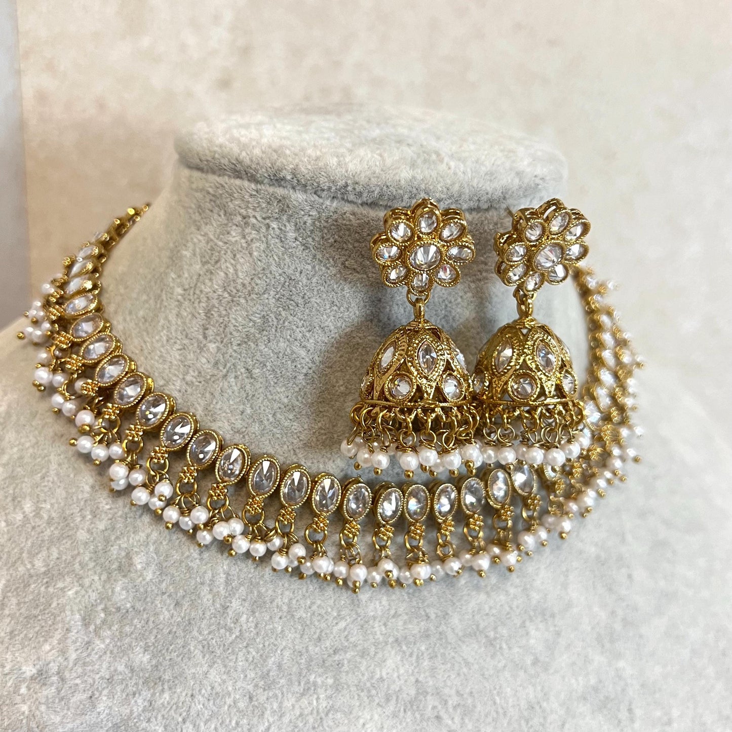 Clear Thin Necklace Set Small Jhumka Earring/No Tikka/ Indian/ Pakistani/Fashion Jewellery/ Gift for Women/ Antique Gold with Clear Crystal