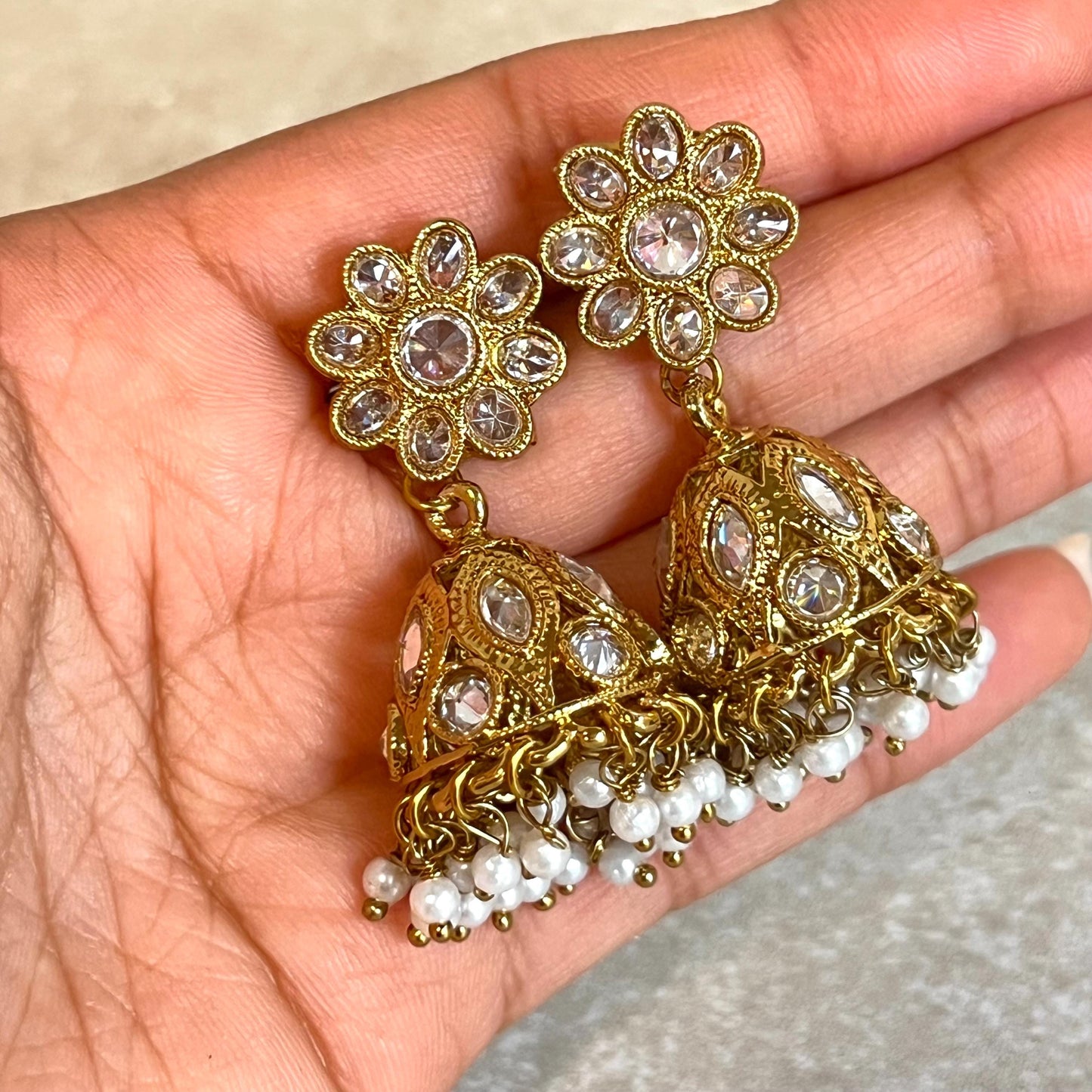 Clear Thin Necklace Set Small Jhumka Earring/No Tikka/ Indian/ Pakistani/Fashion Jewellery/ Gift for Women/ Antique Gold with Clear Crystal